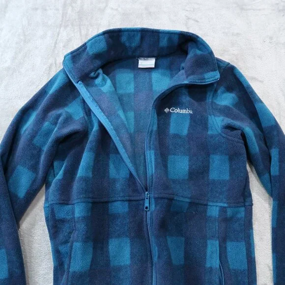 Columbia Mens Fleece Jacket Casual Drawstring Waist Zip Up Checkered Blue - Picture 3 of 16